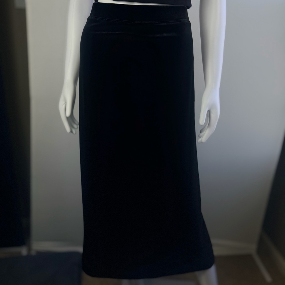 Talbots Black Velvet Midi Maxi Skirt XL Pull On Stretch Elastic Waist Back Slit